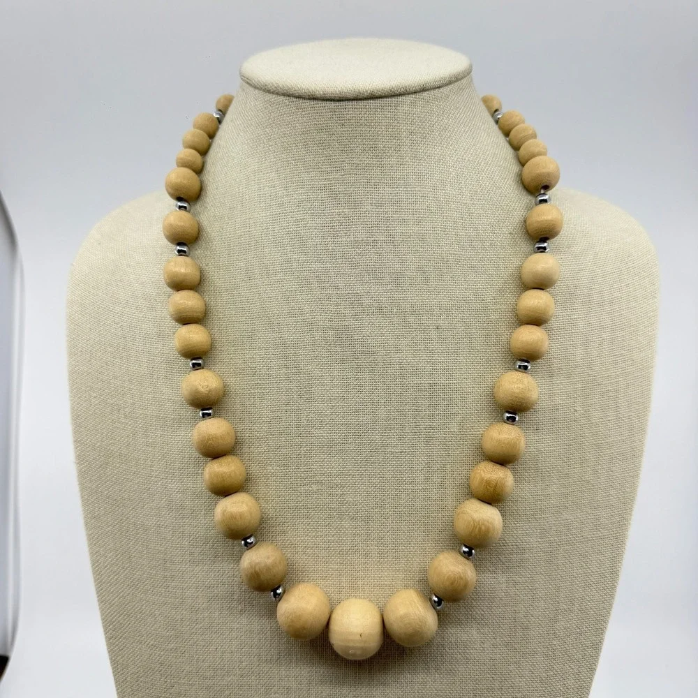 Natural Wood Bead Necklace Silver Tone Spacers Chunky Boho Statement Jewelry